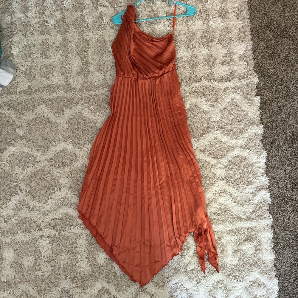 Elegant Rust Orange Pleated Dress